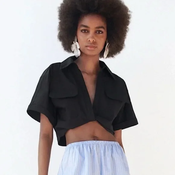 Zara Black Poplin Utility Safari Crop Top W/ Knot short sleeve size S - Picture 4 of 13